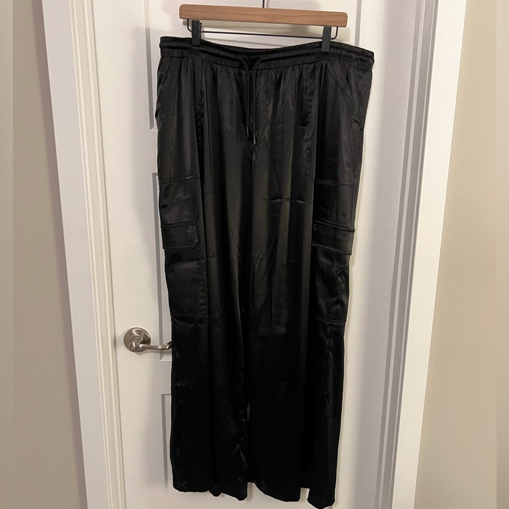 New black satin cargo pants